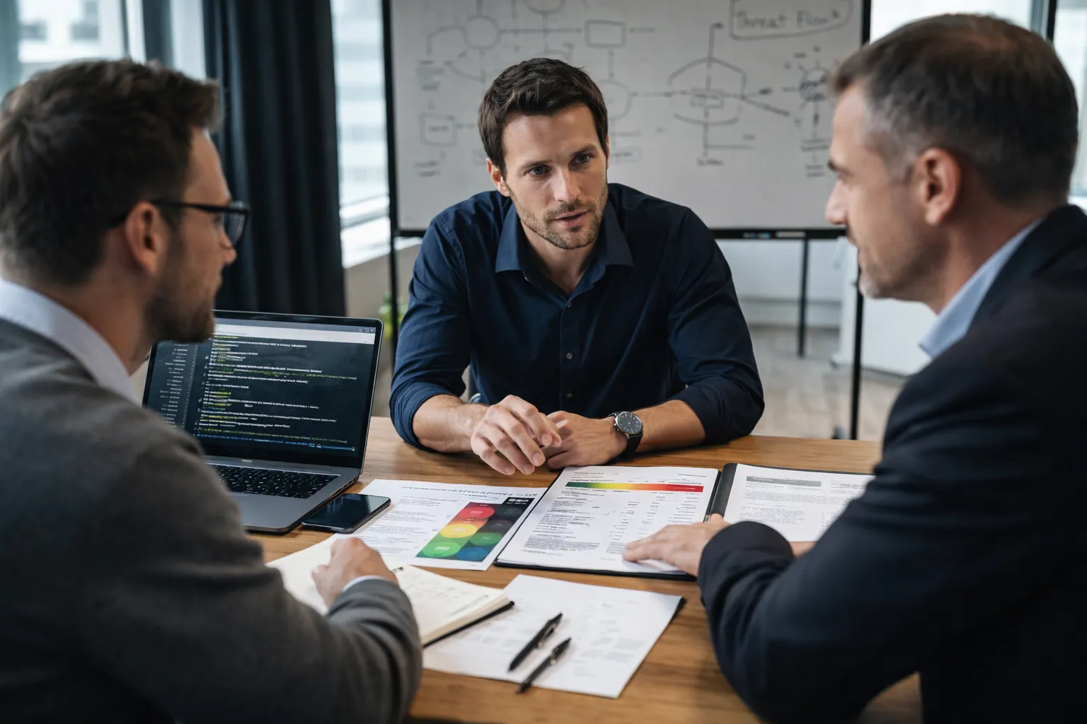 Security consultants explaining a risk dashboard to an executive
