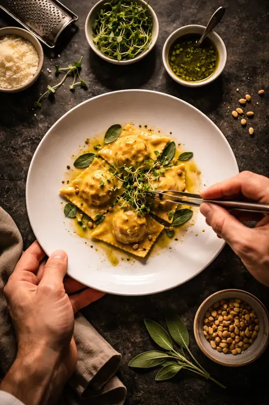 Handgemachte Ravioli werden angerichtet